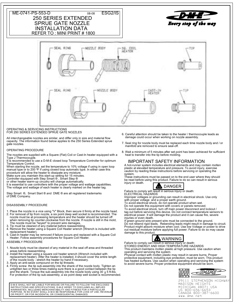 Me-0741-ps-553 2, Important safety information, Esg2/is | Refer to : mini print # 1800, Danger warning | DME 250 Series User Manual | Page 2 / 2