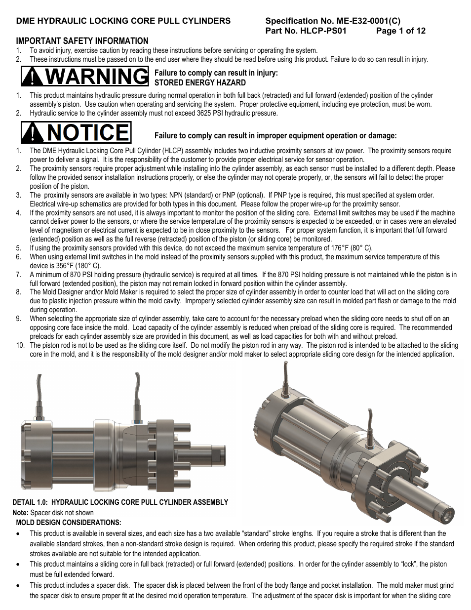 DME Hydraulic Locking Core Pull Cylinders User Manual | 12 pages