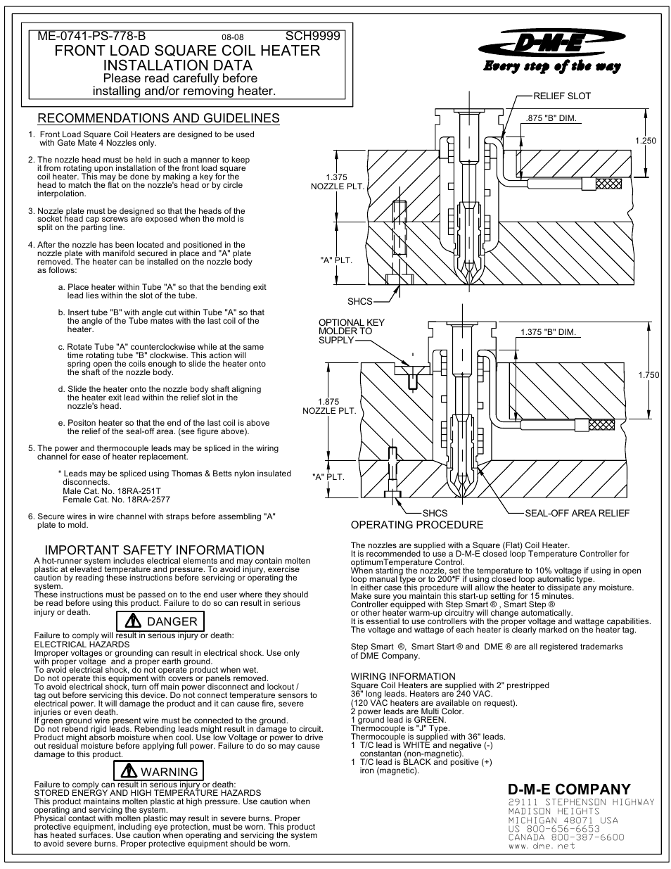 D-m-e company, Installation data front load square coil heater, Important safety information | Danger warning | DME Front Load Square Coil Heater User Manual | Page 2 / 2