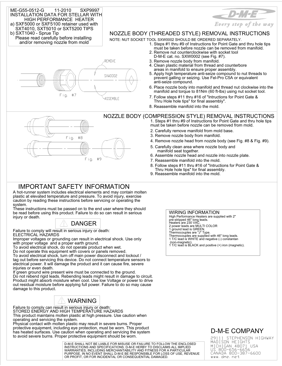 Important safety information, D-m-e company, Warning danger | Nozzle body (threaded style) removal instructions | DME Stellar with high performance heater User Manual | Page 2 / 2