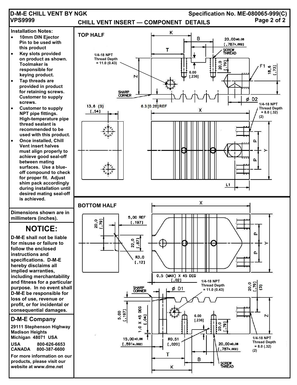 Notice, Chill vent insert — component details, D-m-e company | DME Chill Vents User Manual | Page 2 / 2