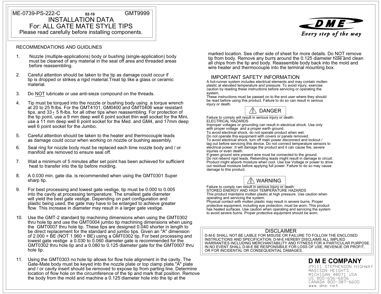 Installation data for: all gate mate style tips, D m e company | DME Gate Mate Hot Sprue Bushin Tip User Manual | Page 2 / 2