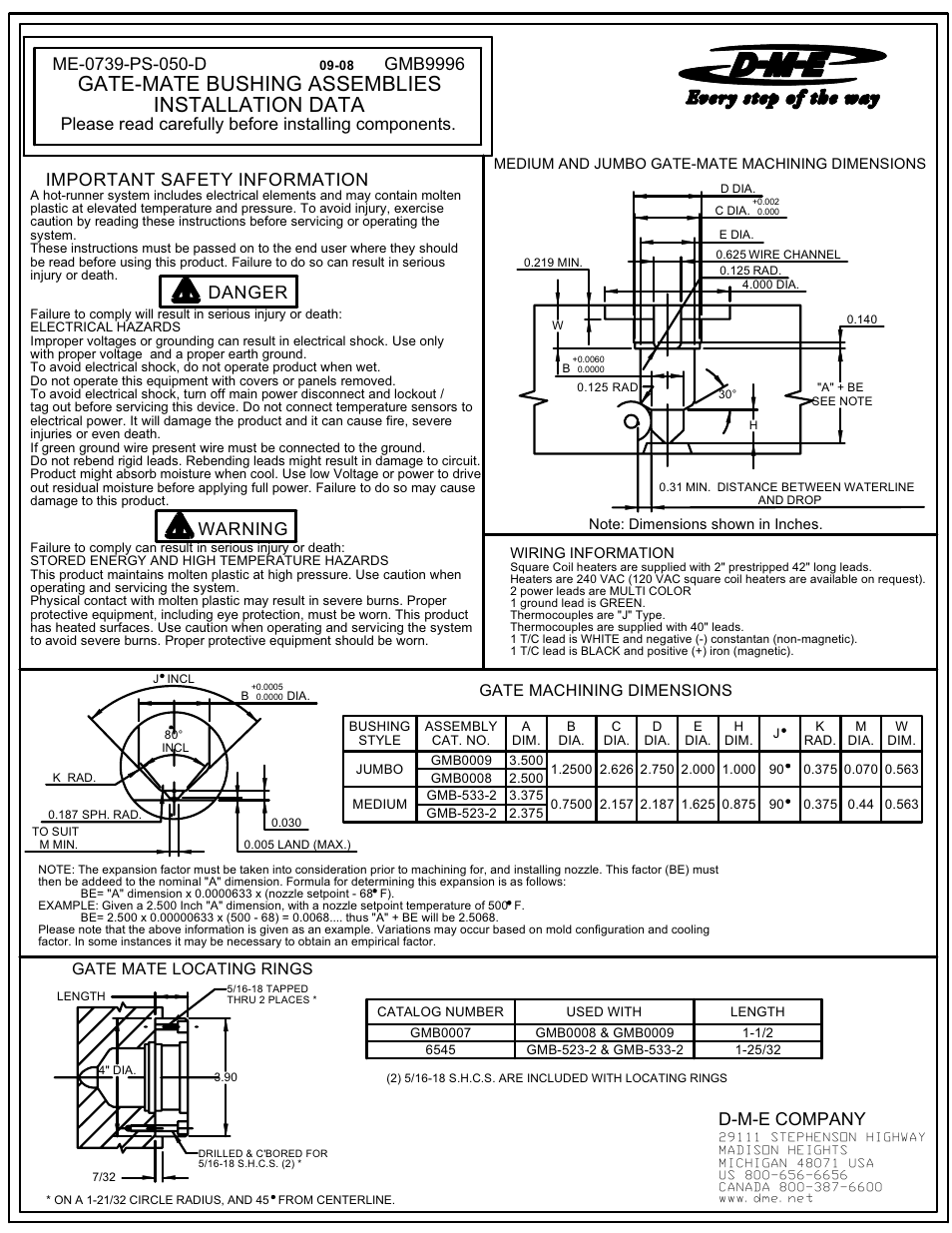 Installation data, Gate-mate bushing assemblies, Gmb9996 | Important safety information, D-m-e company, Gate mate locating rings, Gate machining dimensions | DME Gate-Mate Bushing Assemblies User Manual | Page 2 / 2