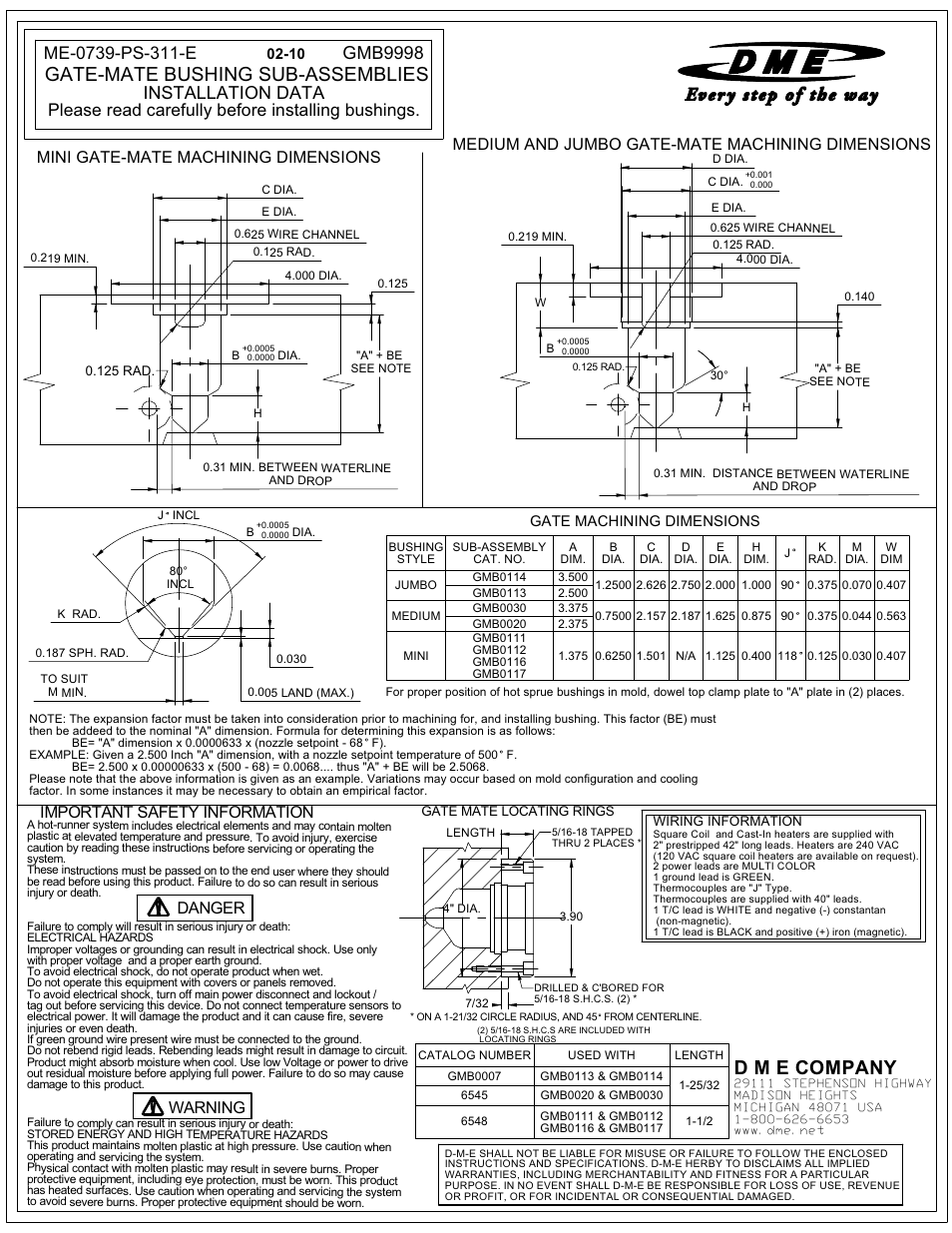 D m e company, Gate-mate bushing sub-assemblies, Please read carefully before installing bushings | Installation data, Gmb9998, Danger warning important safety information, Medium and jumbo gate-mate machining dimensions, Mini gate-mate machining dimensions | DME Gate-Mate Bushing Sub-Assemblies User Manual | Page 2 / 2