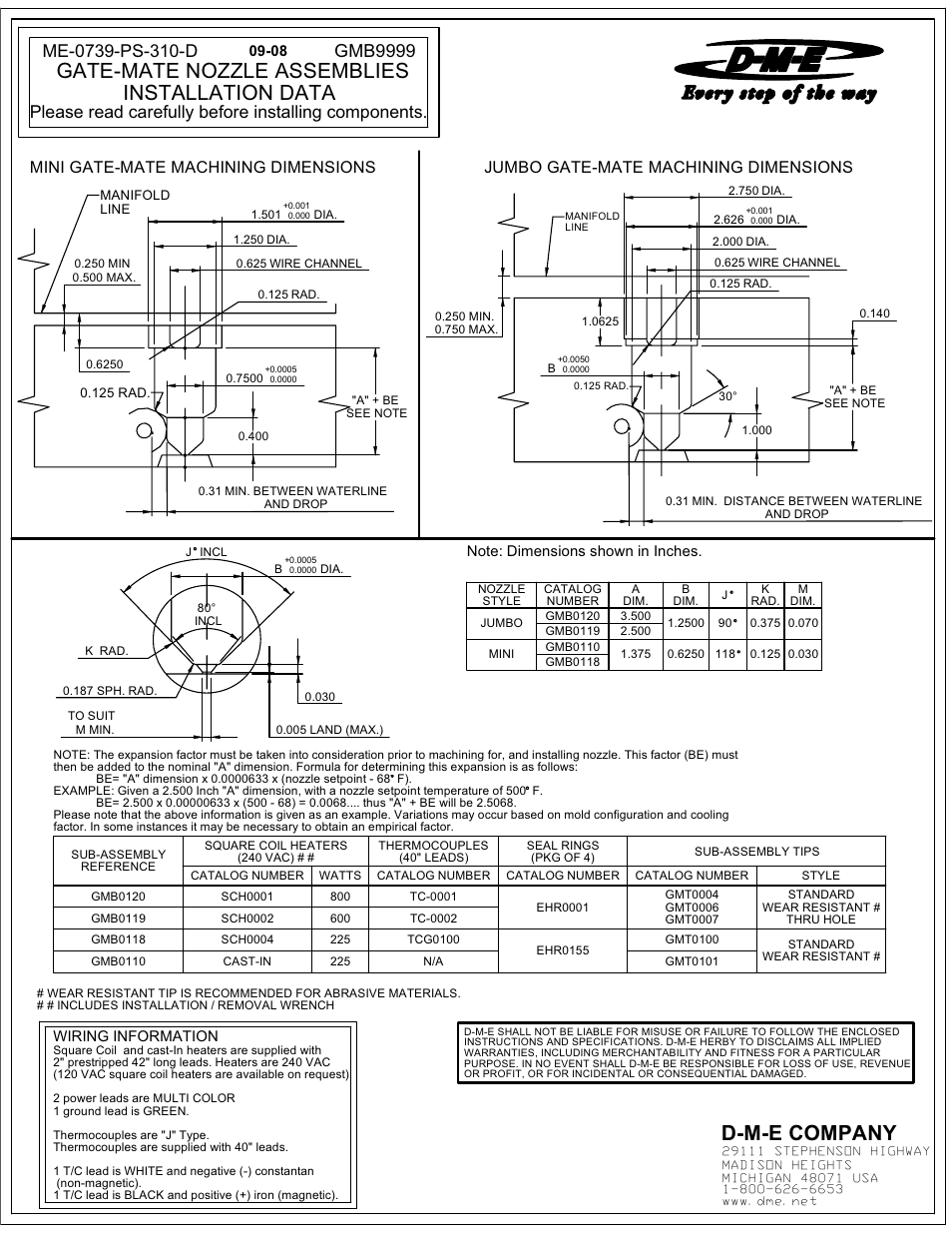 D-m-e company, Gate-mate nozzle assemblies, Installation data | Gmb9999, Please read carefully before installing components, Jumbo gate-mate machining dimensions, Mini gate-mate machining dimensions | DME Gate-Mate Nozzle User Manual | Page 2 / 2