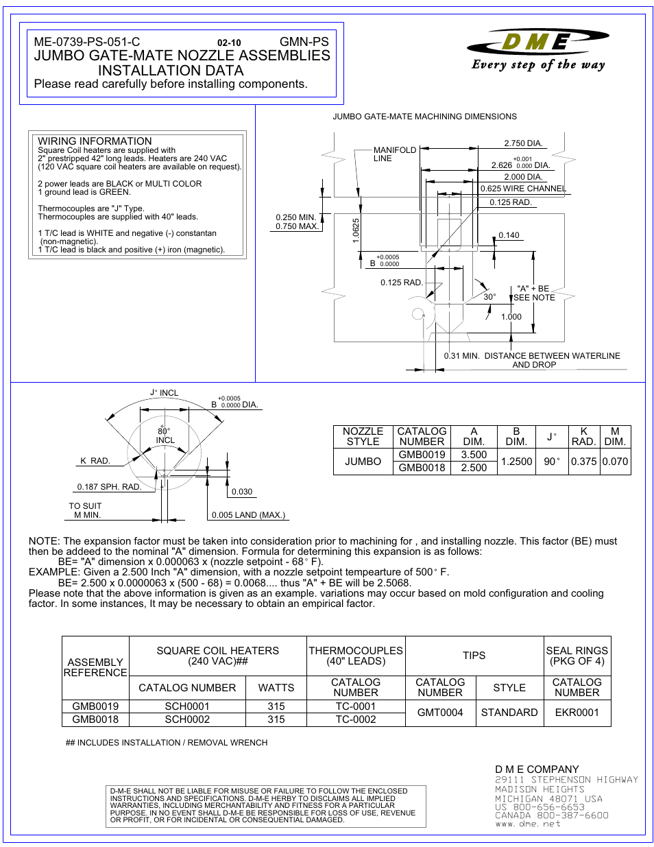 Jumbo gate-mate nozzle assemblies, Installation data, Gmn-ps | DME Jumbo Gate-Mate Nozzle User Manual | Page 2 / 2