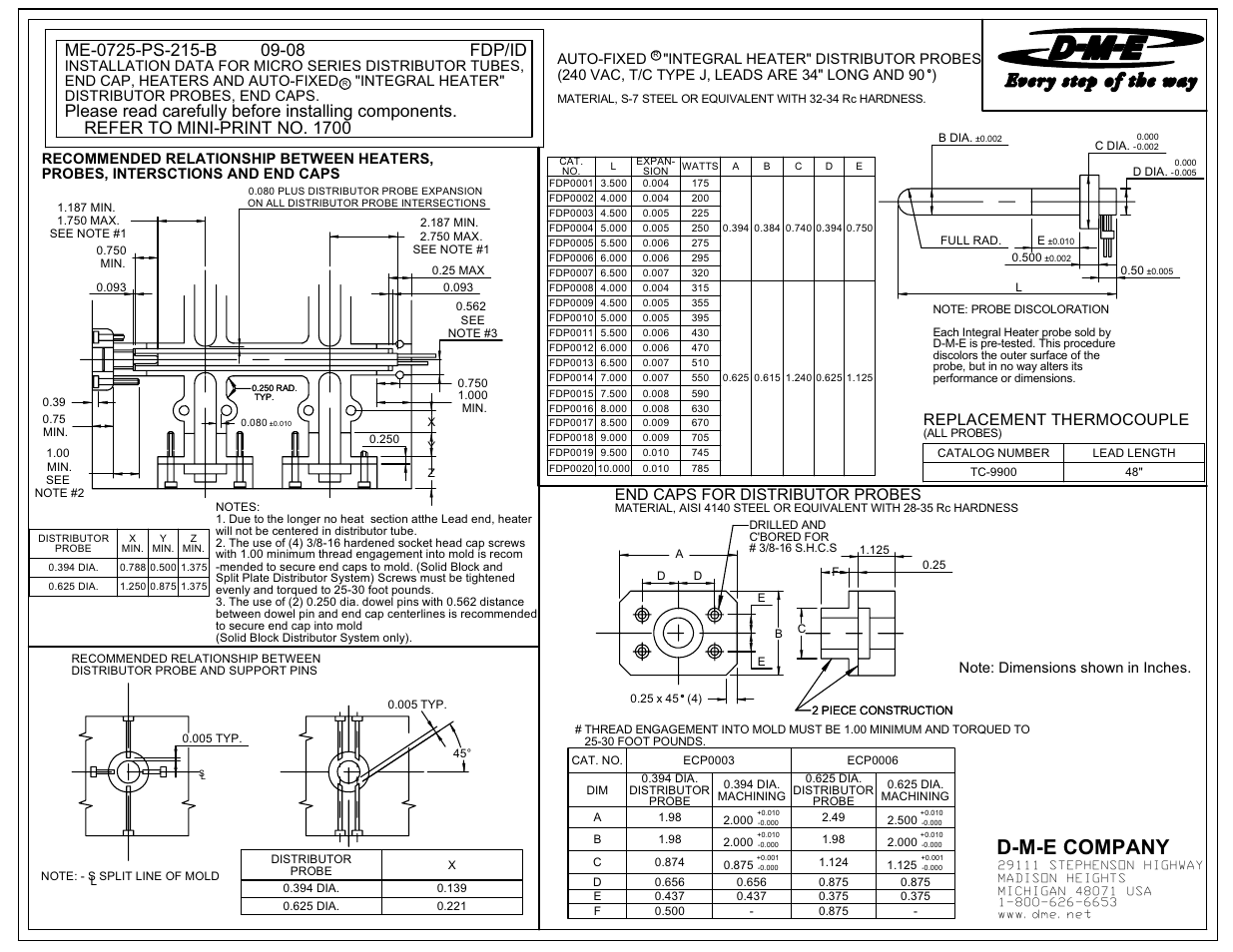 D-m-e company, Refer to mini-print no. 1700, Replacement thermocouple | End caps for distributor probes | DME Heaters and Auto-Fixed Integral Heater Distributor Probes User Manual | Page 2 / 2