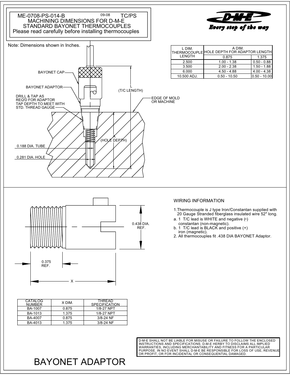 DME Standard Bayonet Thermocouples User Manual | 2 pages