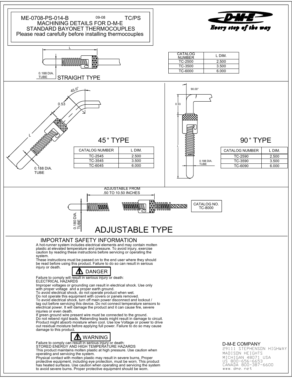 Adjustable type, 45 type, 90 type | Straight type, Important safety information | DME Standard Bayonet Thermocouples User Manual | Page 2 / 2