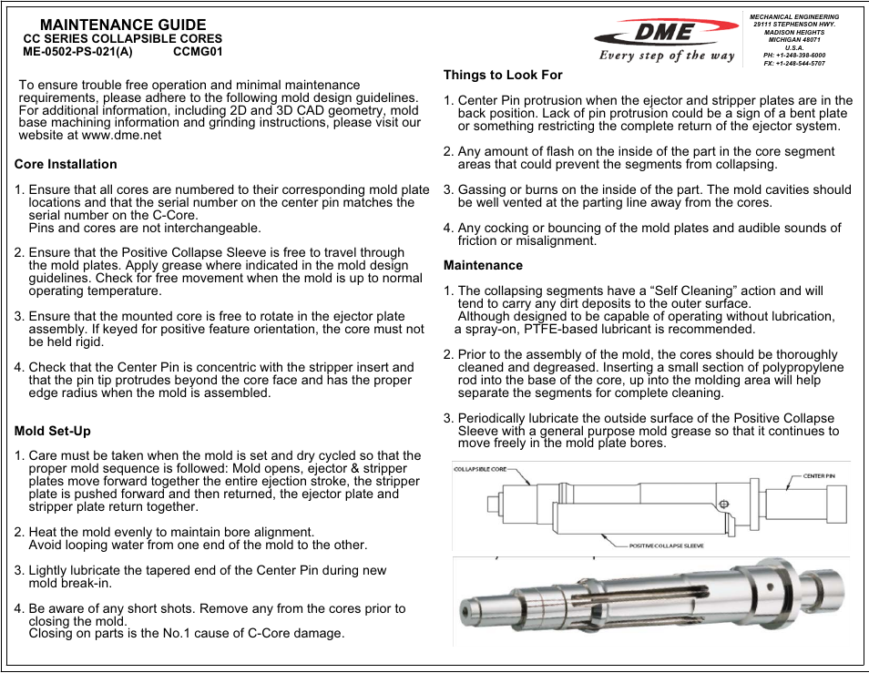 DME Collapsible Cores User Manual | 1 page