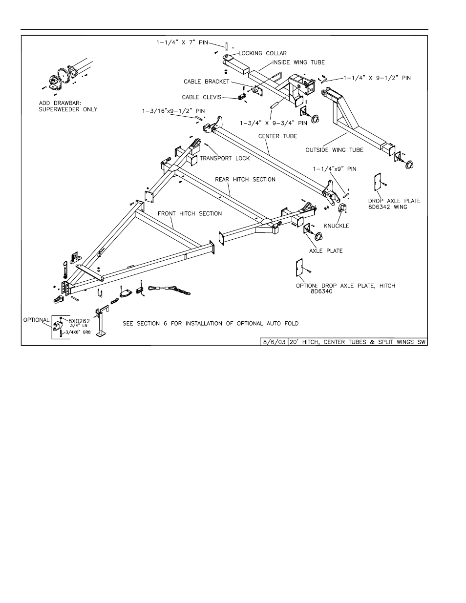 20' hitch assembly, Center wing drawbar tubes for 16' hitch | Summers 3-Rank Superweeder User Manual | Page 28 / 85