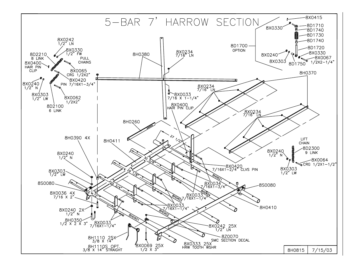 7' harrow section - 5 bar, 7 ft. harrow section - 5 bar -18, 7’ 5 bar 3/8” tooth section (8h0815) | Summers 3-Rank Superweeder User Manual | Page 68 / 85