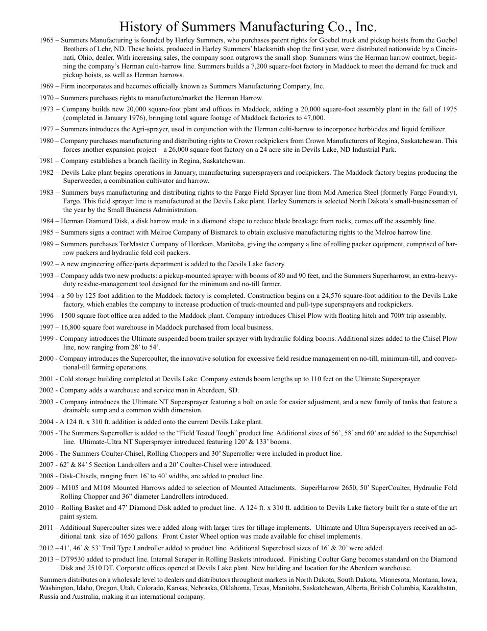 History of summers, History of summers manufacturing co., inc | Summers 4-Rank Superweeder User Manual | Page 119 / 120