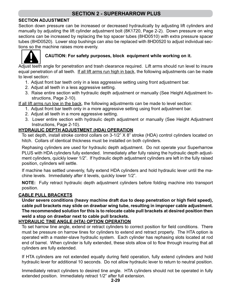 Section adjustment, Hda operation, Cable pull brackets | Hydraulic tine angle operation | Summers 4-Rank Superweeder User Manual | Page 41 / 120