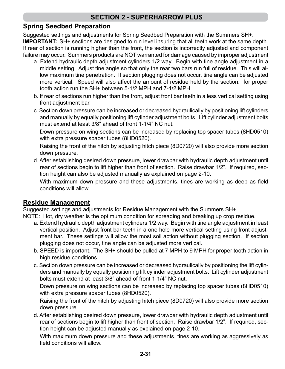 Spring seedbed preparation, Residue management | Summers 4-Rank Superweeder User Manual | Page 43 / 120