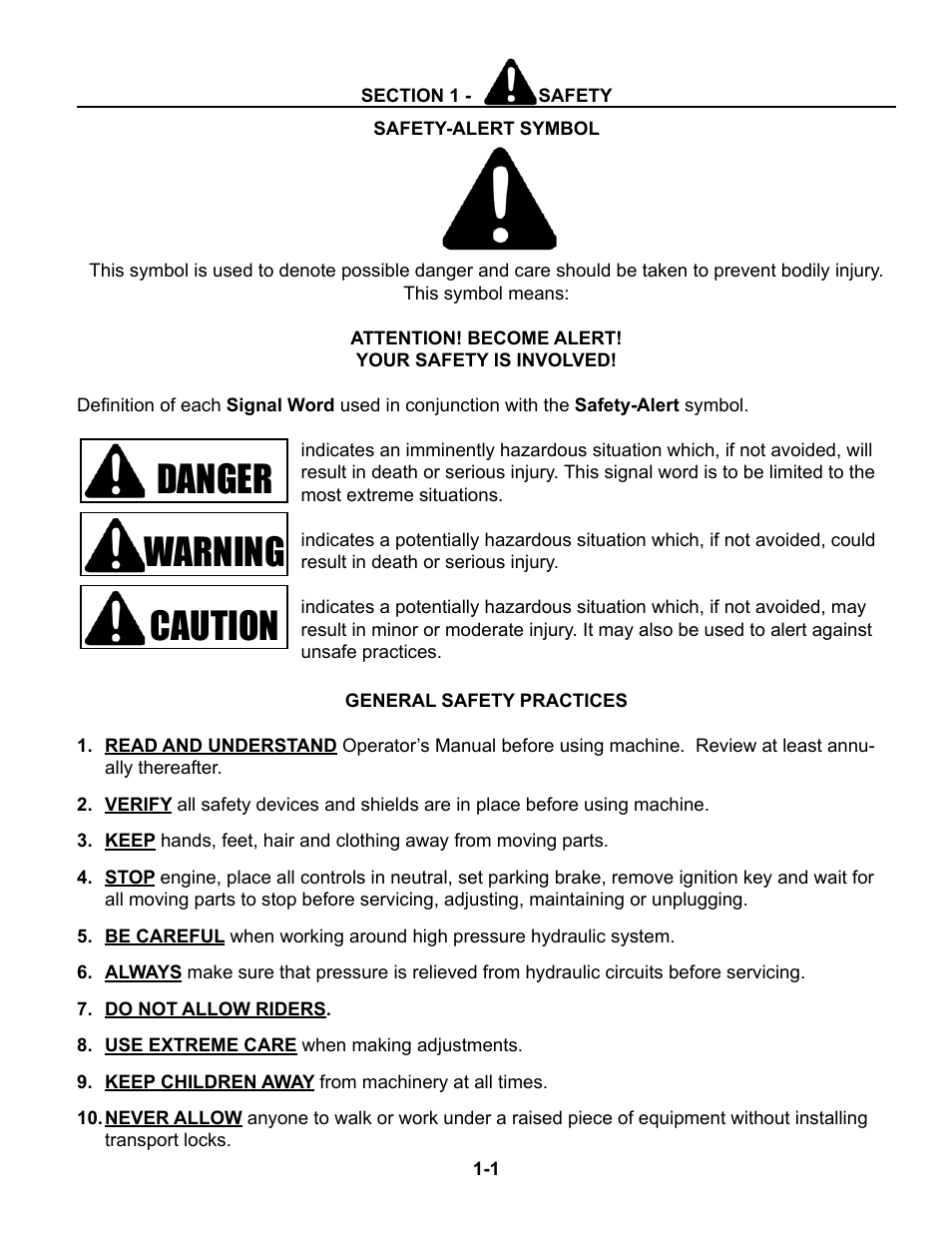 Section 1 - safety, General safety practices, Section 1 | Safety: all machines, Danger warning caution | Summers 4-Rank Superweeder User Manual | Page 5 / 120