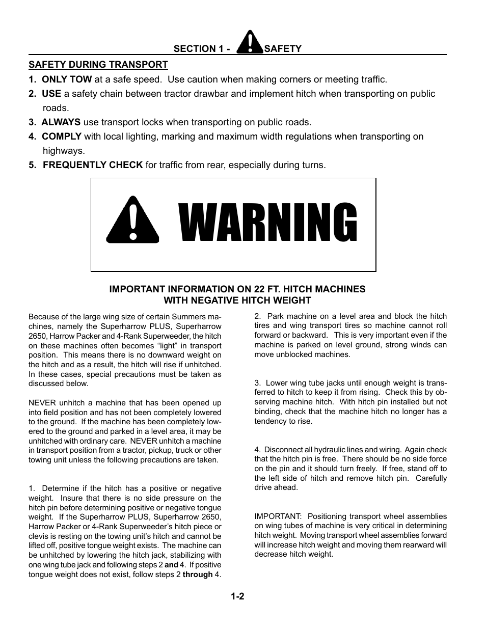 Safety during transport, Warning | Summers 4-Rank Superweeder User Manual | Page 6 / 120