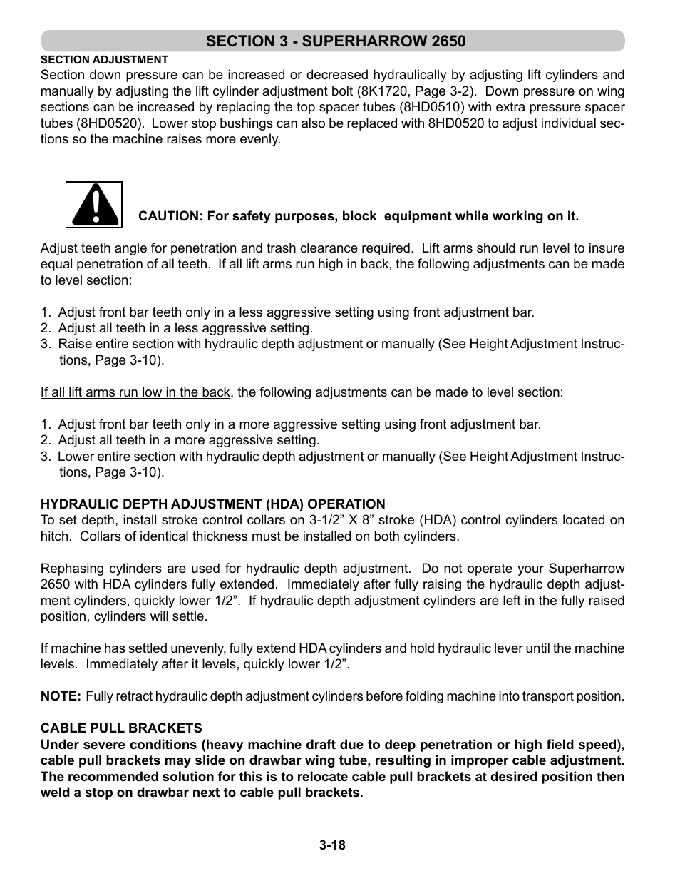 Section adjustment, Hda operation, Cable pull brackets | Summers 4-Rank Superweeder User Manual | Page 62 / 120