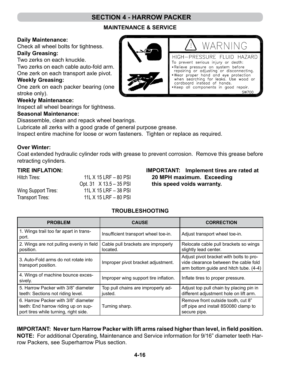 Maintenance & service, Maintenance and service -16, Troubleshooting | Summers 4-Rank Superweeder User Manual | Page 82 / 120