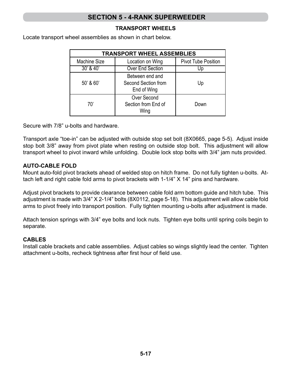 Transport wheels, Auto-cable fold, Cables | Summers 4-Rank Superweeder User Manual | Page 99 / 120