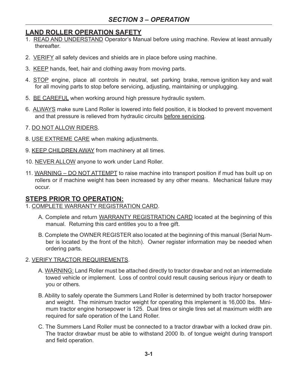 Section 3 - operation, Operation safety, Steps prior to operation | Summers 30' Superroller User Manual | Page 27 / 46
