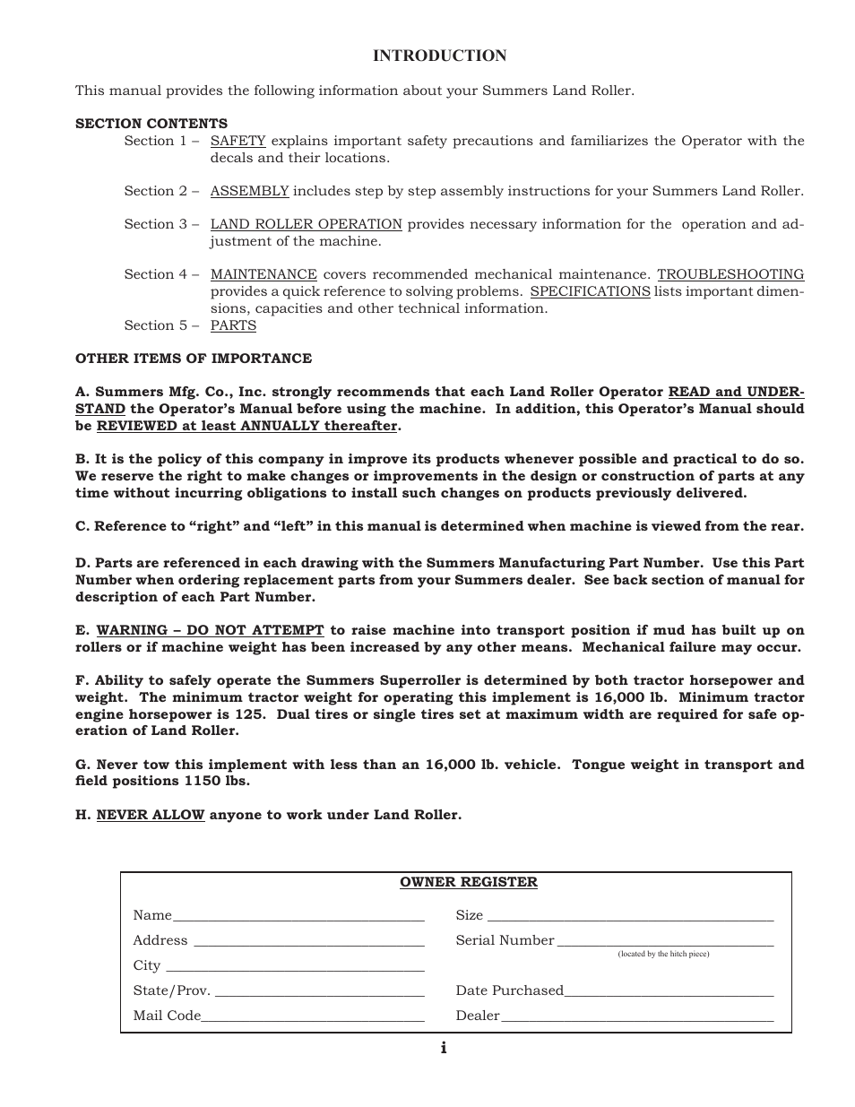 Owner registration | Summers 30' Superroller User Manual | Page 3 / 46