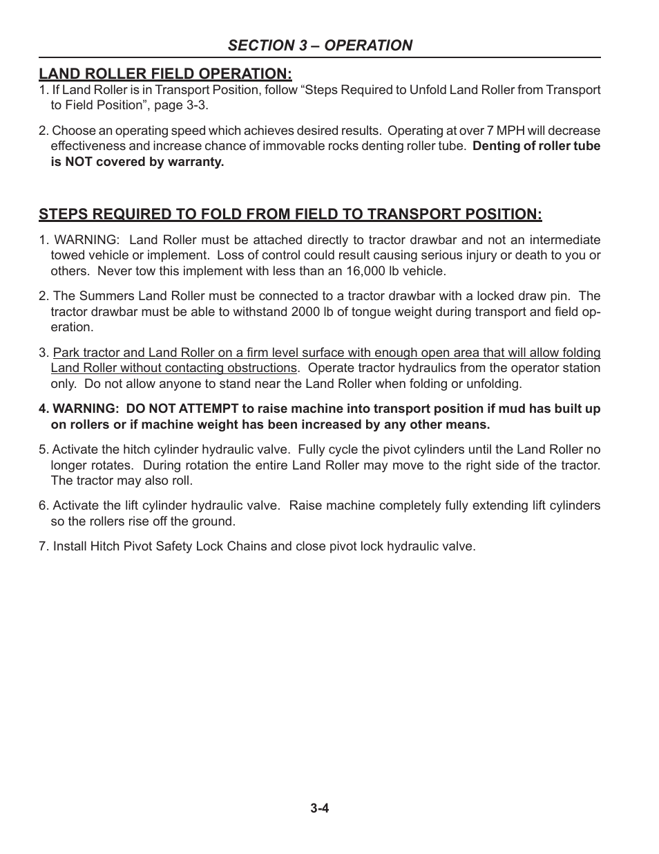 Field operation, Fold from field to transport position | Summers 30' Superroller User Manual | Page 30 / 46