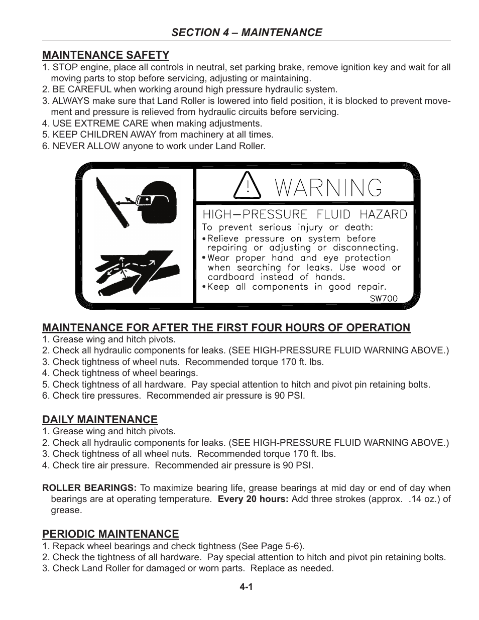 Section 4 - maintenance, Safety, After first 4 hours of operation | Daily maintenance, Periodic maintenance | Summers 30' Superroller User Manual | Page 33 / 46