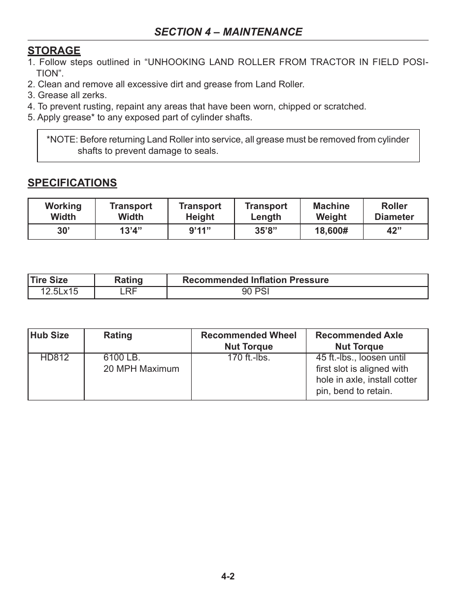 Storage, Specifications, Storage, troubleshooting, specifications -2 | Summers 30' Superroller User Manual | Page 34 / 46