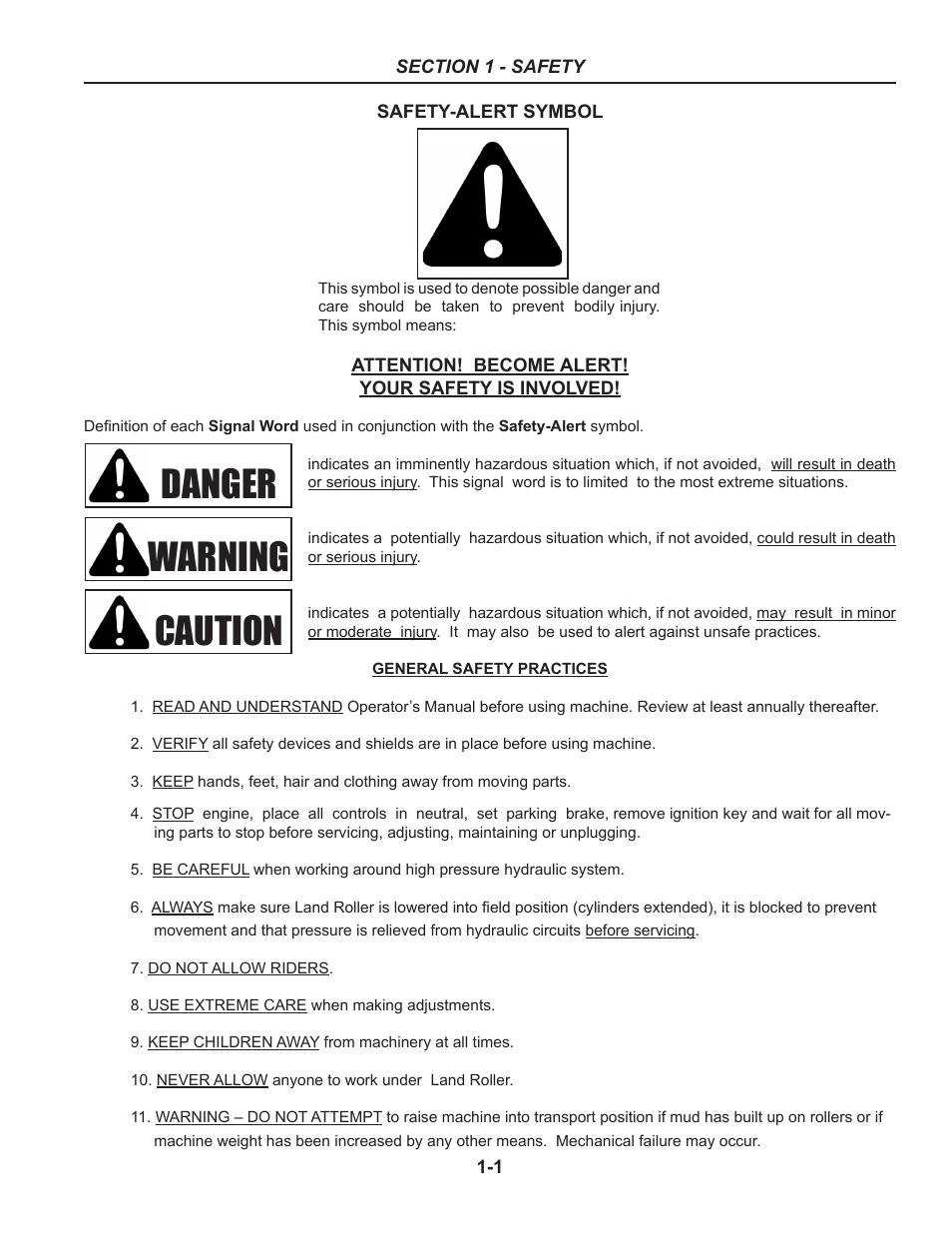 Section 1 - safety, General safety practices, Section 1 – safety | Safety-alert symbol -1 general safety practices -1, Danger warning caution | Summers 30' Superroller User Manual | Page 5 / 46