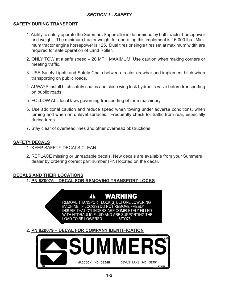 Safety during transport, Safety decals & their locations | Summers 30' Superroller User Manual | Page 6 / 46