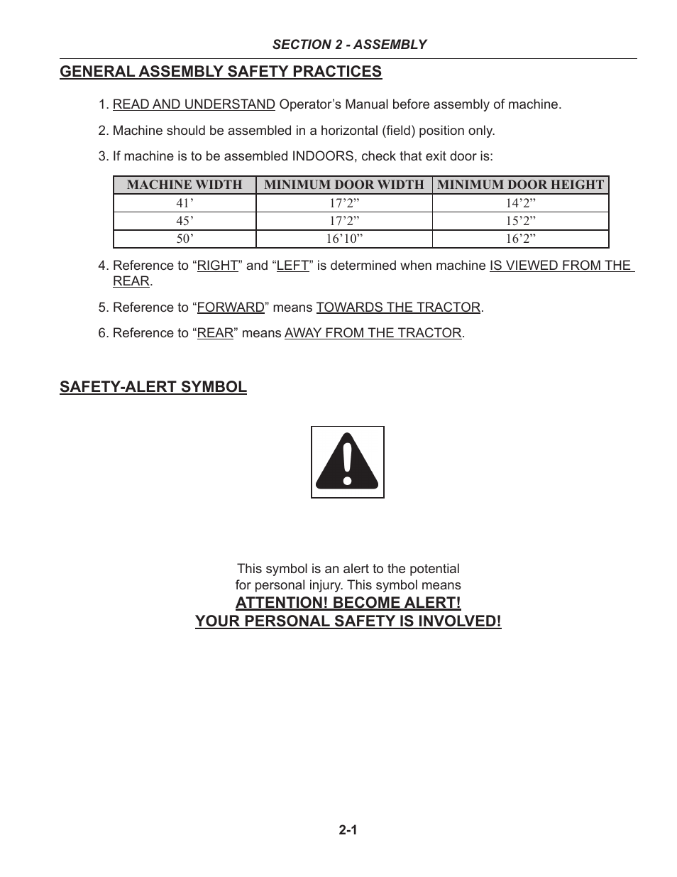 Section 2 - assembly, Assembly safety practices | Summers 50' Superroller User Manual | Page 11 / 52