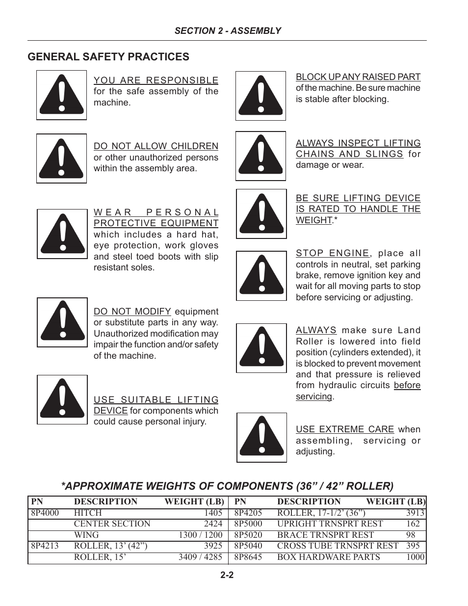 Component weights, General safety practices -2 | Summers 50' Superroller User Manual | Page 12 / 52