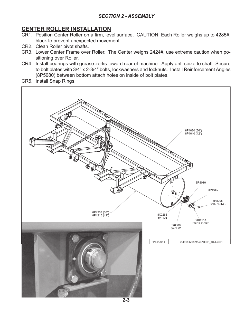 Center roller installation, Set-up of frame -3 – 2-9 | Summers 50' Superroller User Manual | Page 13 / 52