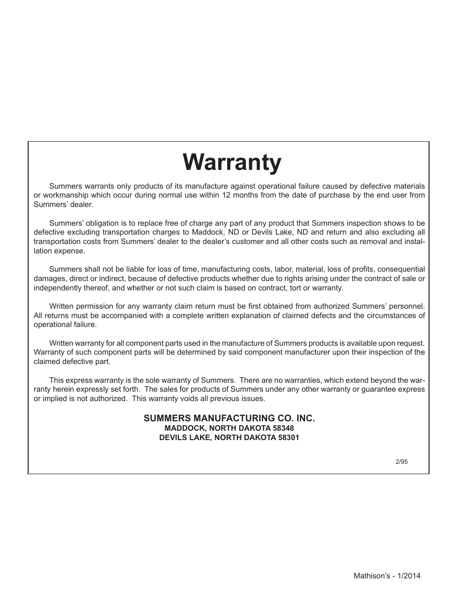 Warranty | Summers 50' Superroller User Manual | Page 2 / 52