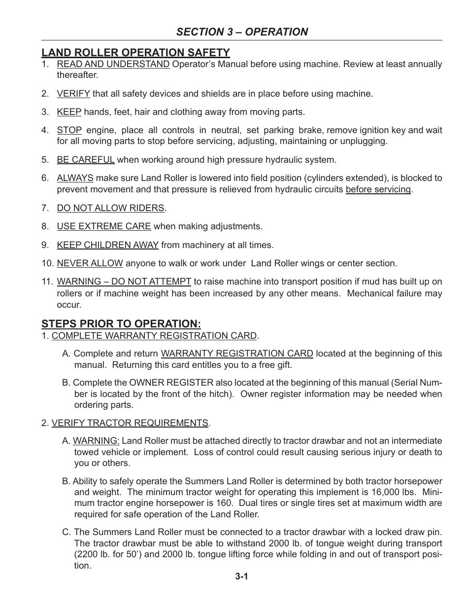 Section 3 - operation, Operation safety, Steps prior to operation | Section 3 – land roller operation provides | Summers 50' Superroller User Manual | Page 25 / 52