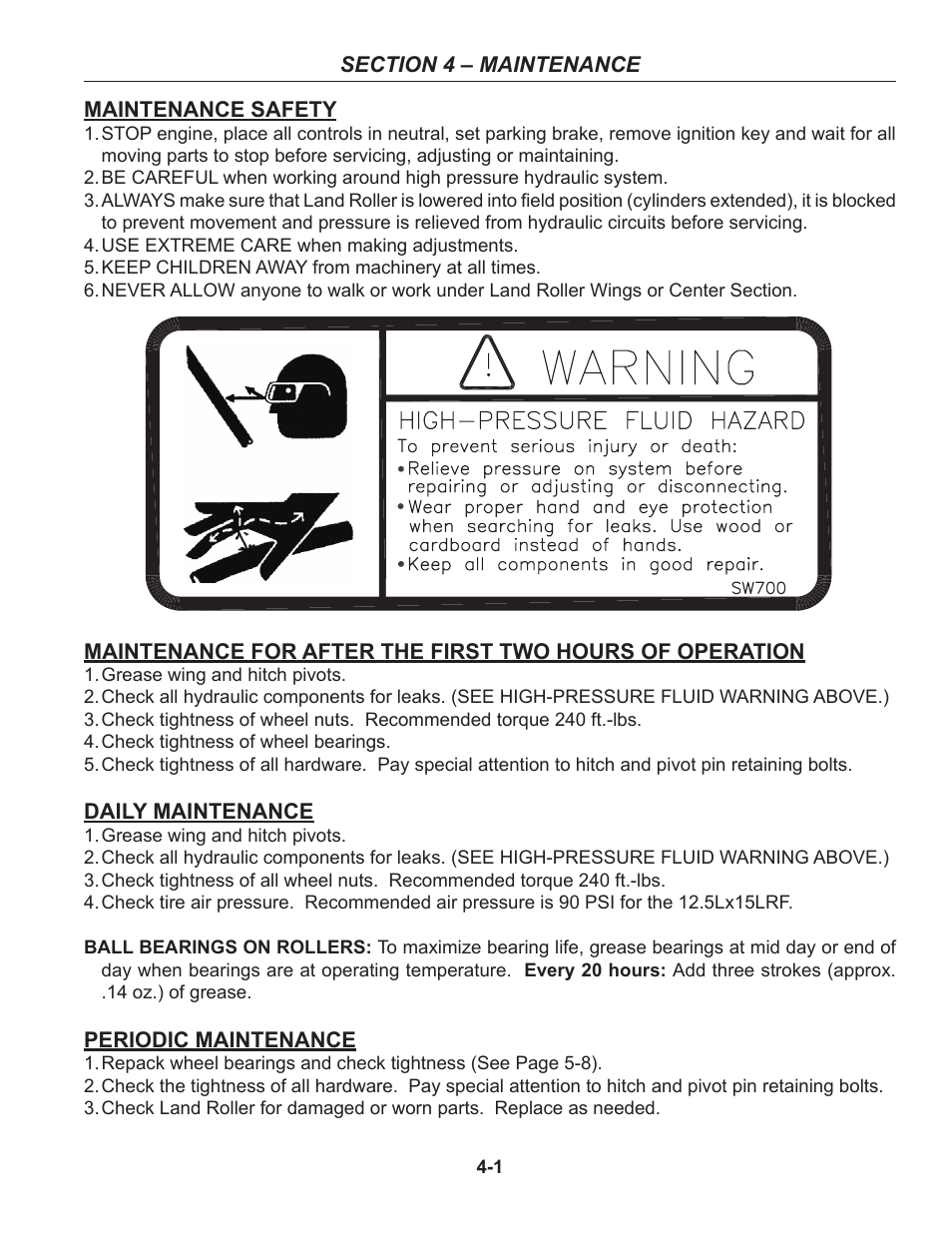 Section 4 - maintenance, Maintenance safety, After 1st two hours of operation | Daily / periodic maintenance, Section 4 – maintenance covers re, Two hours of operation -1, Daily and periodic maintenance -1 | Summers 50' Superroller User Manual | Page 35 / 52