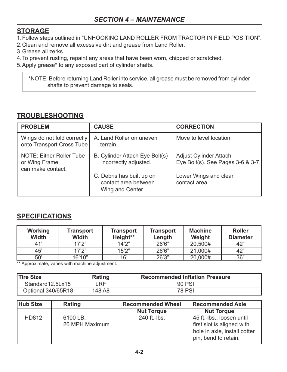 Storage, Troubleshooting, Specifications | Specifications lists important dimensions, Storage, troubleshooting, specifications -2 | Summers 50' Superroller User Manual | Page 36 / 52