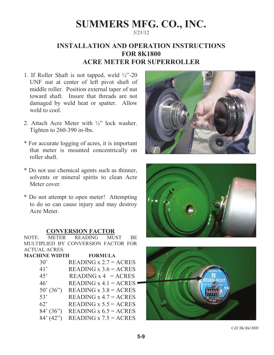 Acre meter, Acre meter option -9, Summers mfg. co., inc | Summers 50' Superroller User Manual | Page 47 / 52