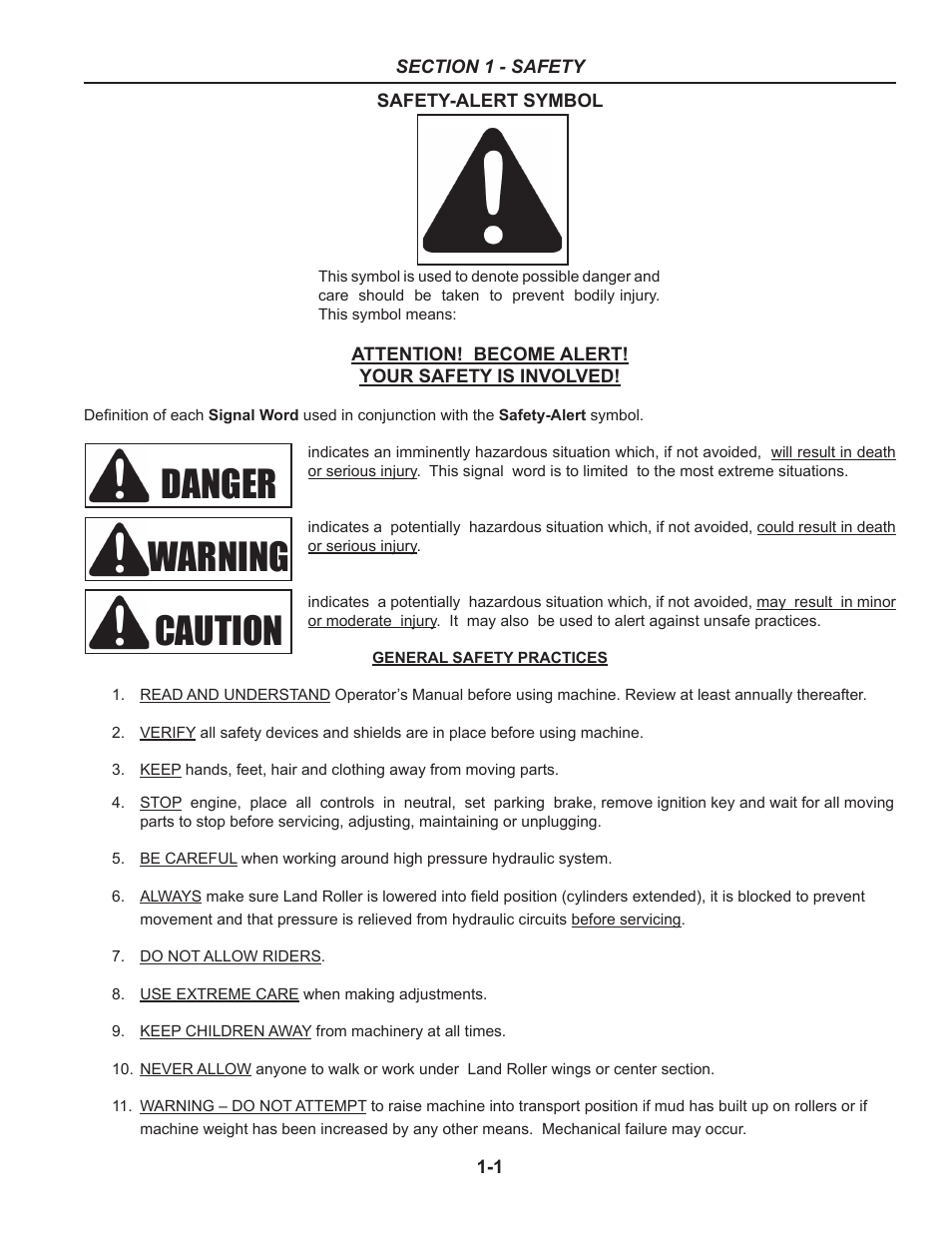 Section 1 - safety, General safety practices, Section 1 – safety | Safety-alert symbol -1 general safety practices -1, Danger warning caution | Summers 50' Superroller User Manual | Page 5 / 52