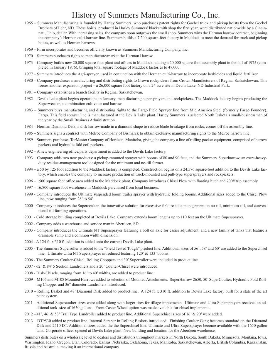 Summers history, History of summers manufacturing co., inc | Summers 50' Superroller User Manual | Page 51 / 52