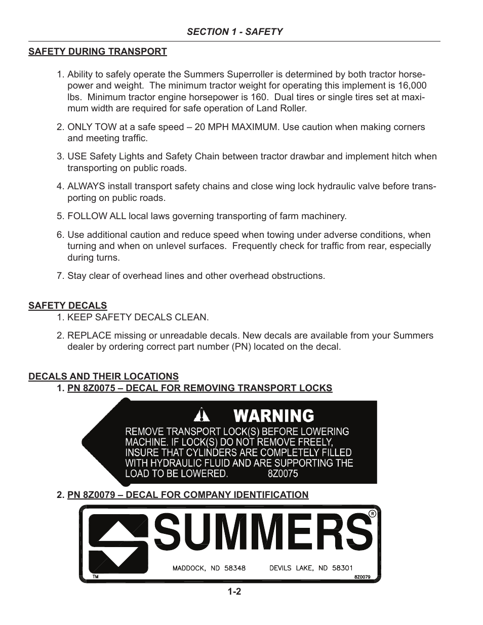 Safety during transport, Safety decals | Summers 50' Superroller User Manual | Page 6 / 52
