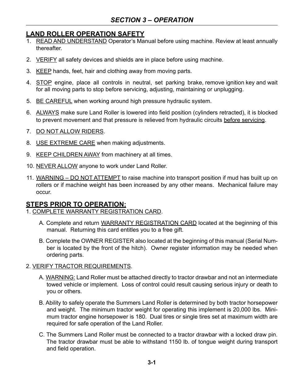 Section 3 - operation, Operation safety, Prior to operation | Section 3 – land roller operation provides | Summers 53' Trail-Type Superroller User Manual | Page 25 / 50