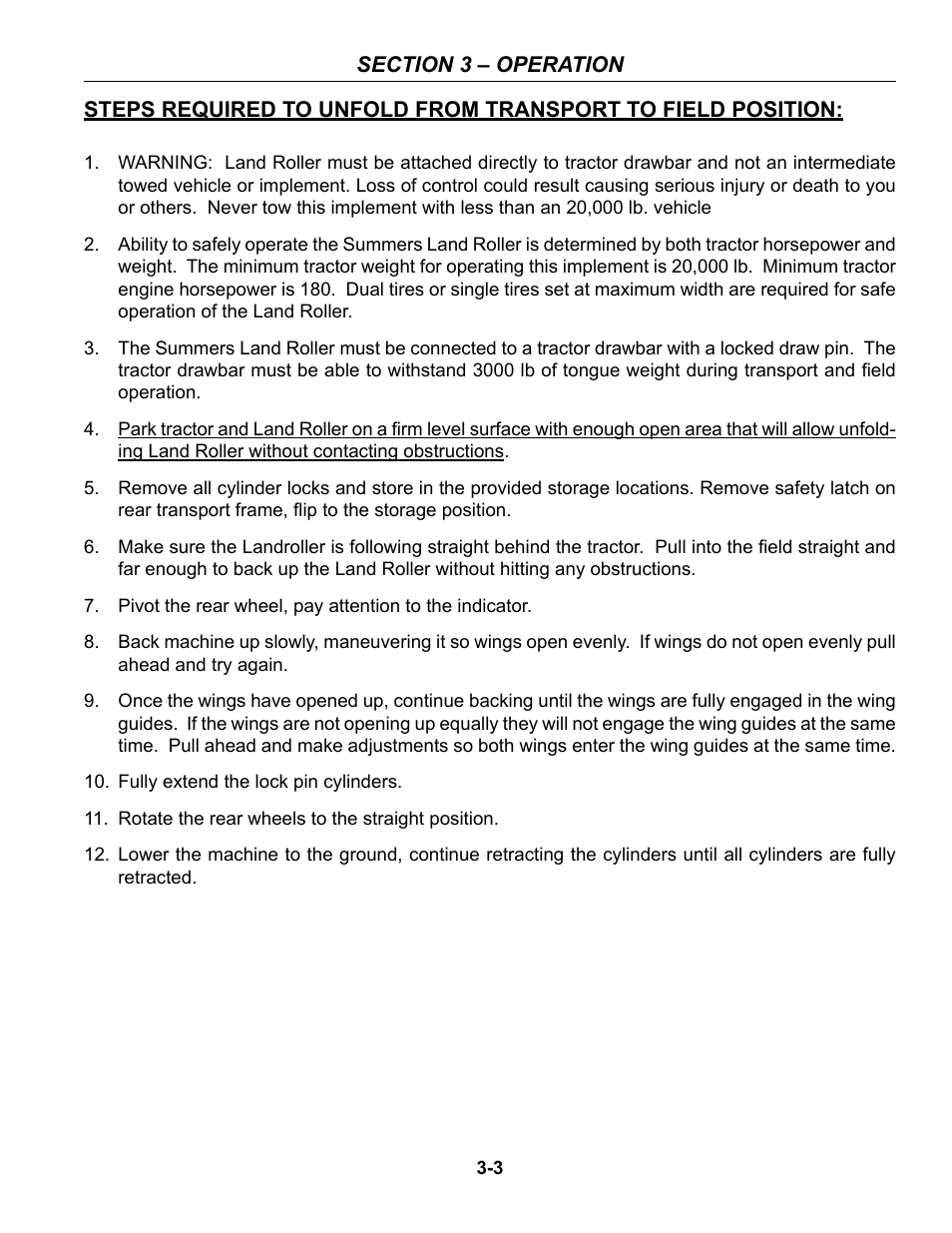 Unfold from transport to field position | Summers 53' Trail-Type Superroller User Manual | Page 27 / 50