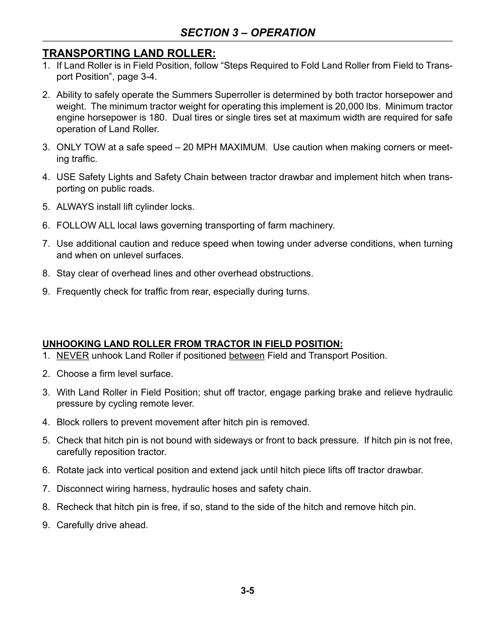 Transporting, Unhooking in field position, Transporting -5 | Summers 53' Trail-Type Superroller User Manual | Page 29 / 50