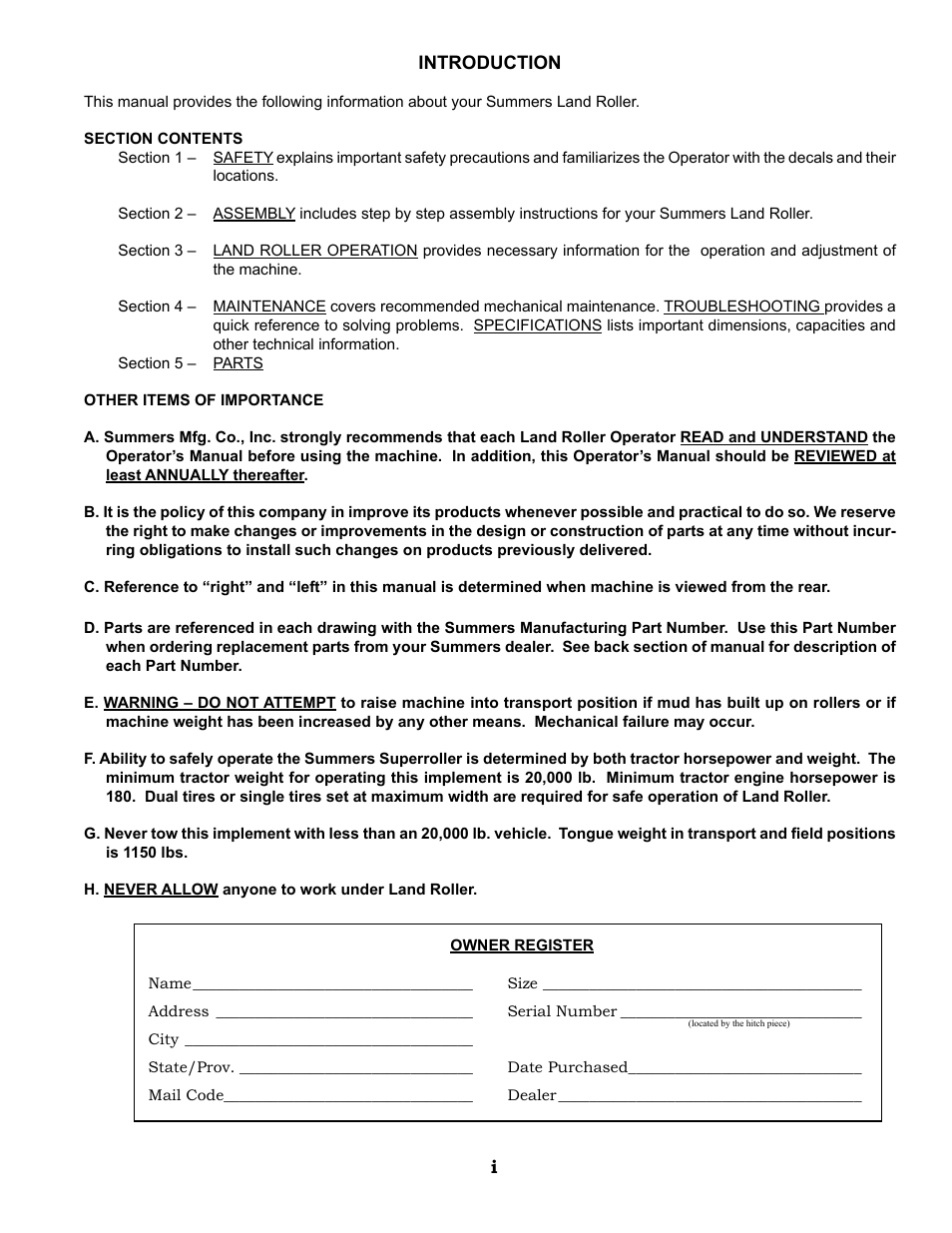 Introduction, Registration | Summers 53' Trail-Type Superroller User Manual | Page 3 / 50