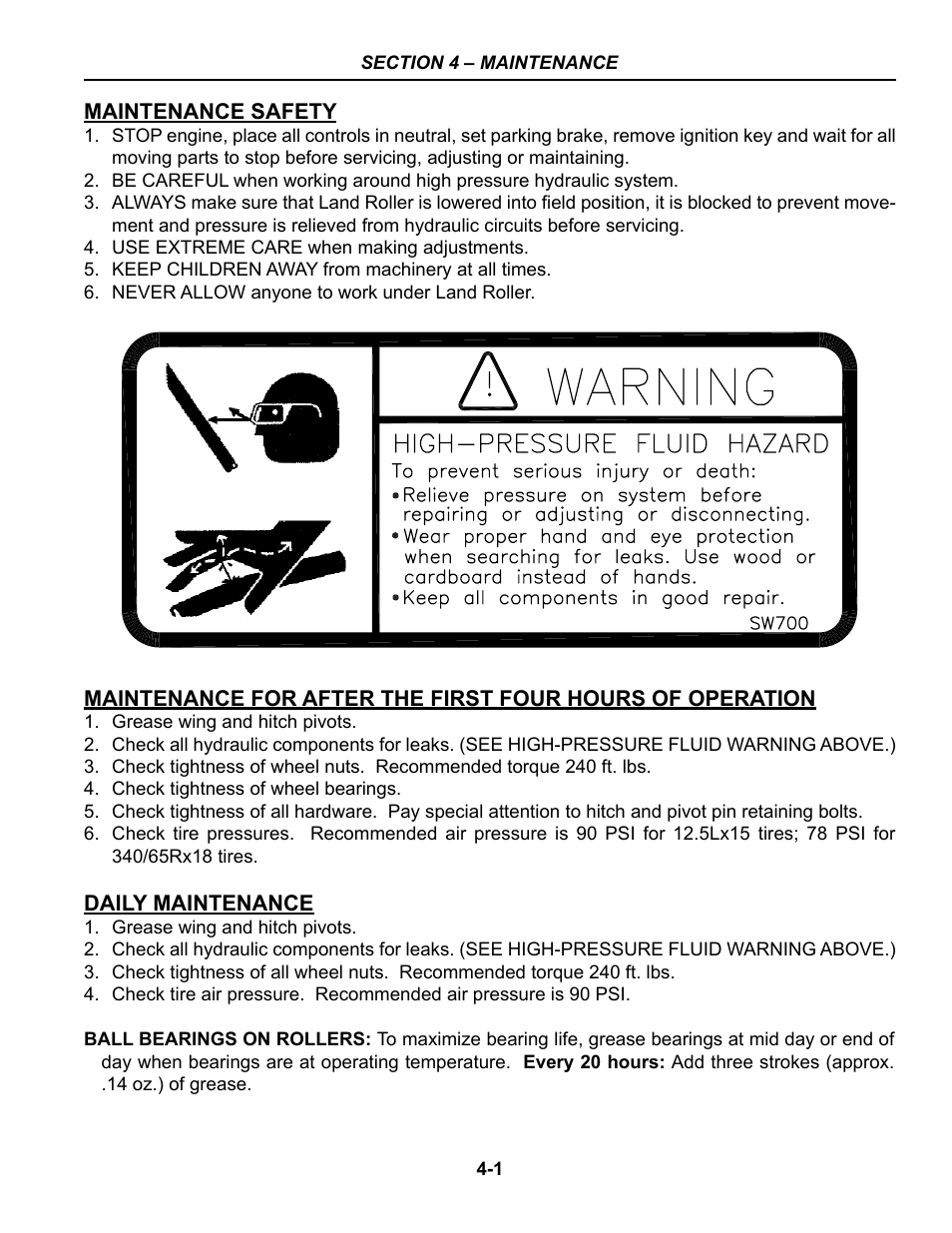 Section 4 - maintenance, Maintenance safety, Maintenance after 1st hours of operation | Daily maintenance, Section 4 – maintenance covers recommended | Summers 53' Trail-Type Superroller User Manual | Page 31 / 50
