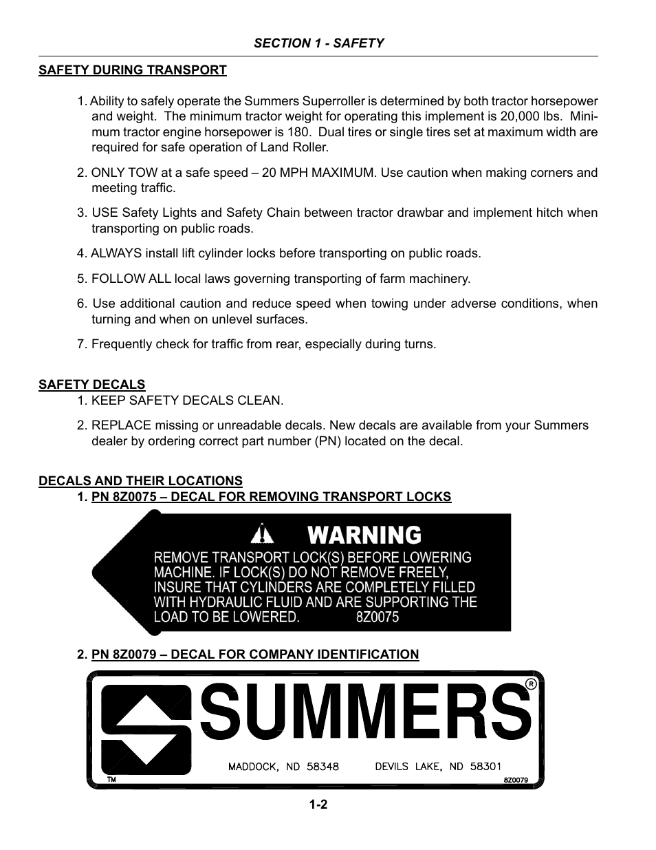 Safety during transport, Safety decals | Summers 53' Trail-Type Superroller User Manual | Page 6 / 50