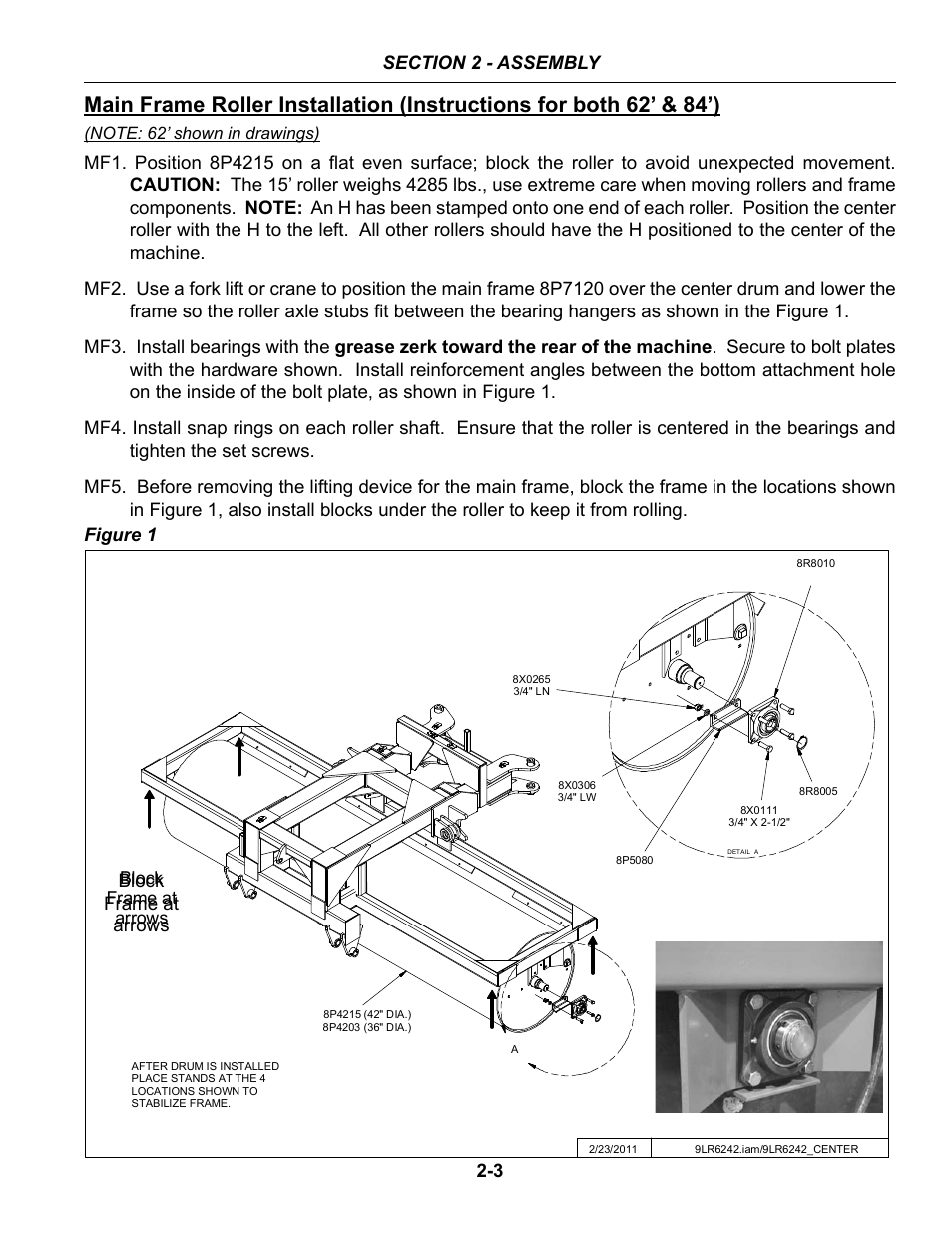 Main frame roller installation, Set-up of frame -3 – 2-13, Figure 1 2-3 | Summers 84' Superroller User Manual | Page 13 / 52