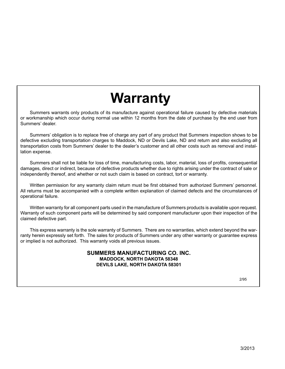 Warranty | Summers 84' Superroller User Manual | Page 2 / 52